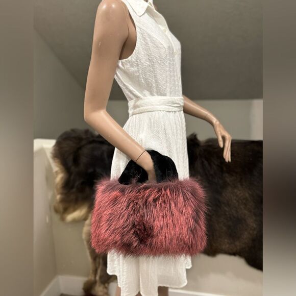 Maroon Handmade Dyed Real Fox Fur Bag With Fur Handle Includes 2 Strap Styles - Picture 2 of 16